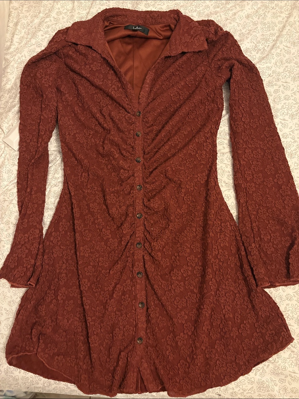 Lulu's Brick Red Long-Sleeve Lace Button Dress